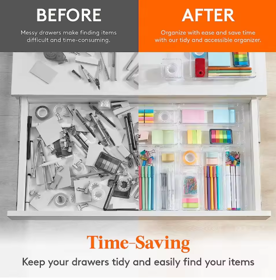 10-teiliges, vielseitiges Schubladen-Organizer-Set – transparente Kunststofftabletts und Trennwände in 4 Größen für perfekte Make-up- und Küchenaufbewahrung