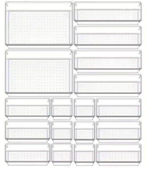 10-teiliges, vielseitiges Schubladen-Organizer-Set – transparente Kunststofftabletts und Trennwände in 4 Größen für perfekte Make-up- und Küchenaufbewahrung