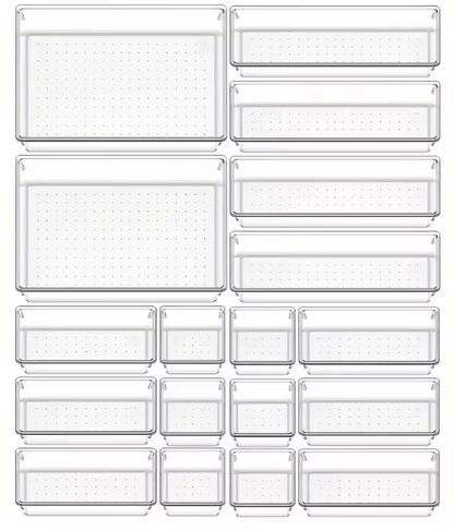 10-teiliges, vielseitiges Schubladen-Organizer-Set – transparente Kunststofftabletts und Trennwände in 4 Größen für perfekte Make-up- und Küchenaufbewahrung
