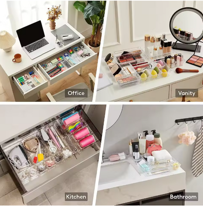 10-teiliges, vielseitiges Schubladen-Organizer-Set – transparente Kunststofftabletts und Trennwände in 4 Größen für perfekte Make-up- und Küchenaufbewahrung