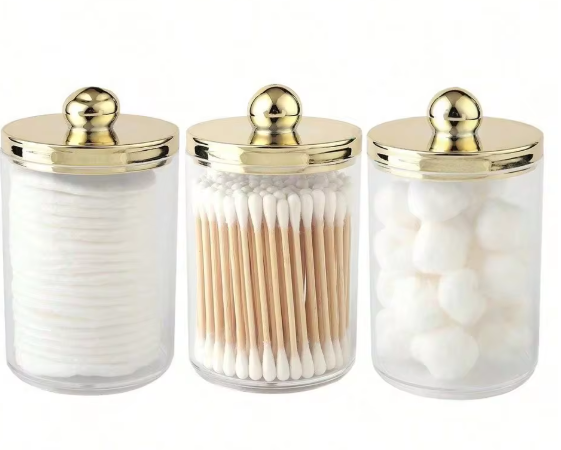 Wattestäbchen-Ballpolsterhalter, Kunststoff-Organizer mit Deckel, 10 oz Wattestäbchen-Apothekerglas, transparenter Organizer, Kosmetik-Organizer